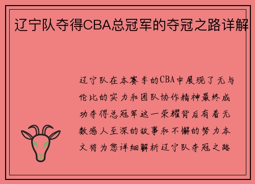 辽宁队夺得CBA总冠军的夺冠之路详解